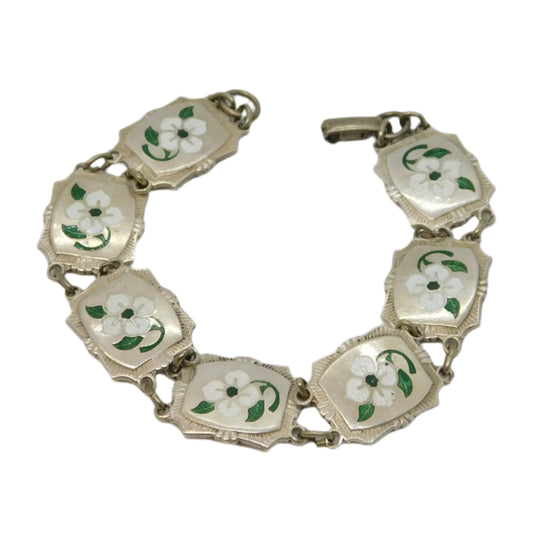 Sterling Silver Guilloche Enamel Floral Sweetheart Bracelet Antique c1920 Deco
