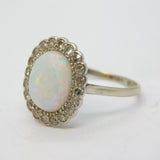 Victorian 18ct White Gold, Cabochon Opal & Diamond Cluster Engagement Ring Antique c1880
