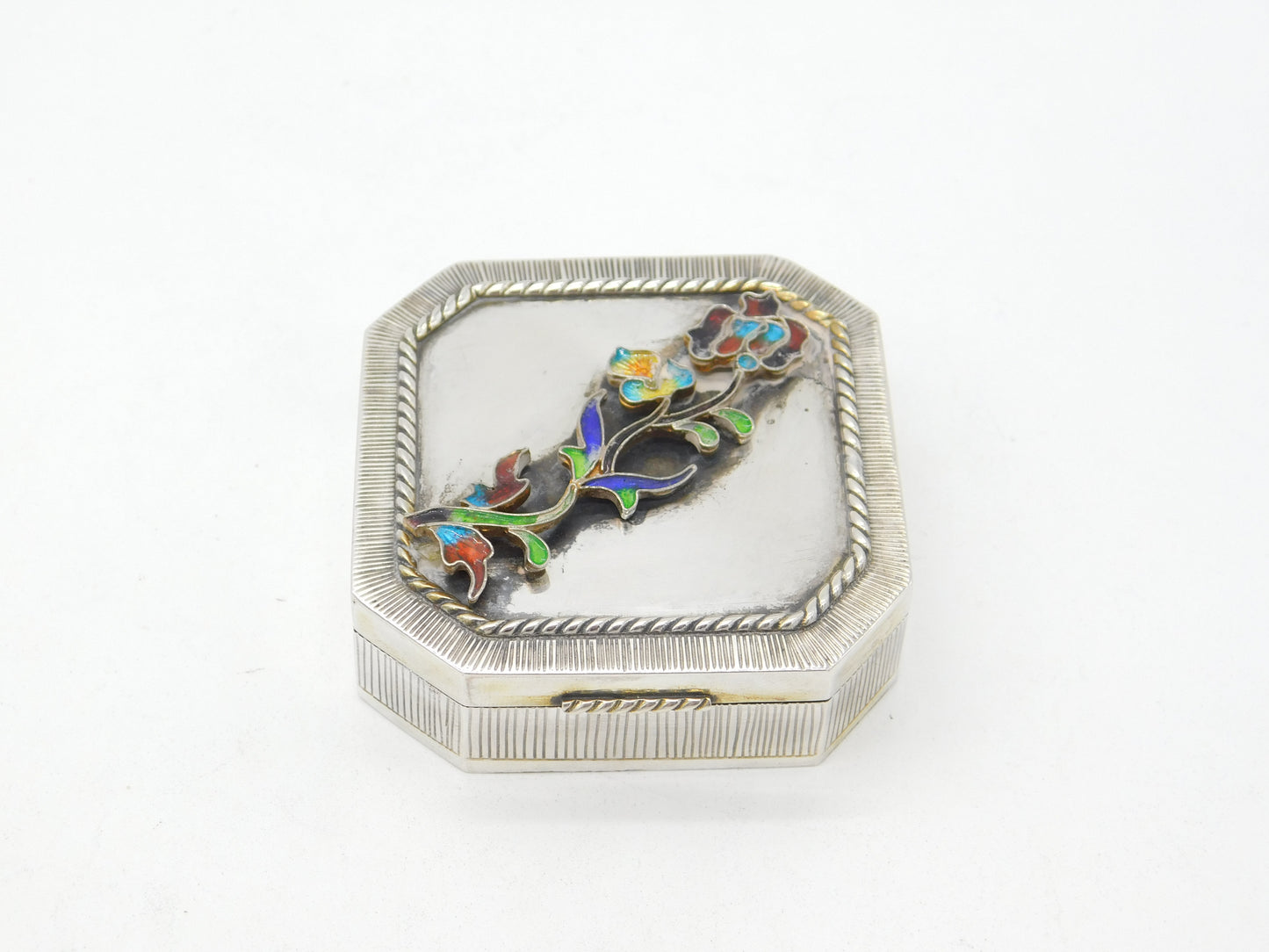 Victorian Sterling Silver Colourful Enamel Floral Trinket Box c1890 Antique