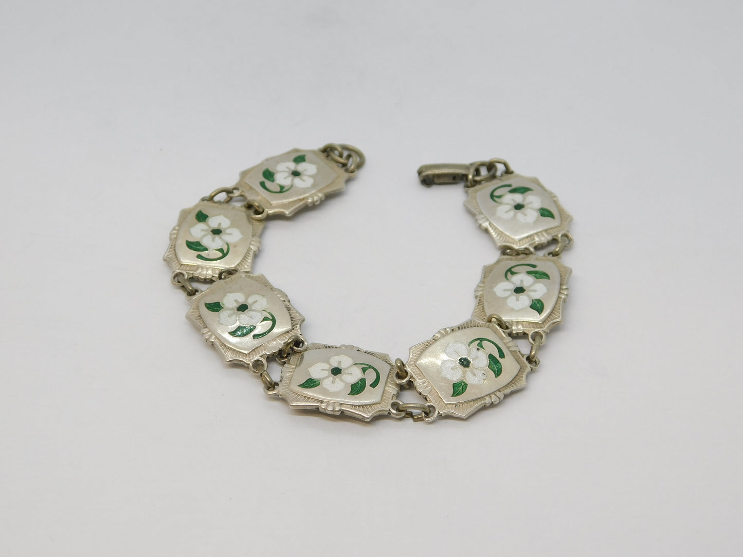 Sterling Silver Guilloche Enamel Floral Sweetheart Bracelet Antique c1920 Deco