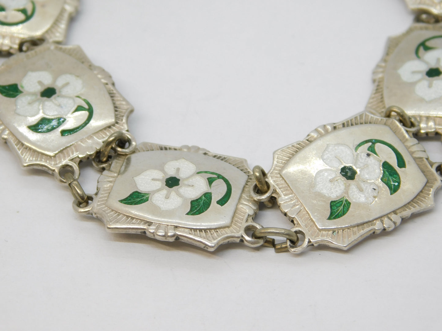 Sterling Silver Guilloche Enamel Floral Sweetheart Bracelet Antique c1920 Deco