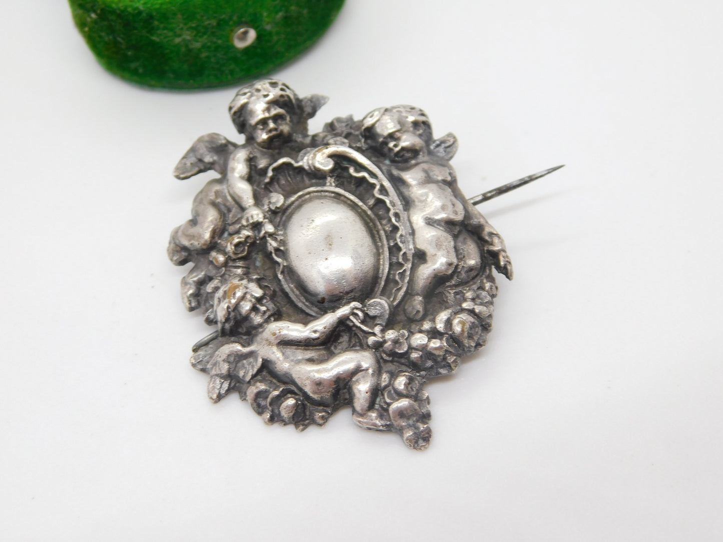 Early Victorian Cast Sterling Silver Neo-Classical Cherub Brooch c1840 Antique