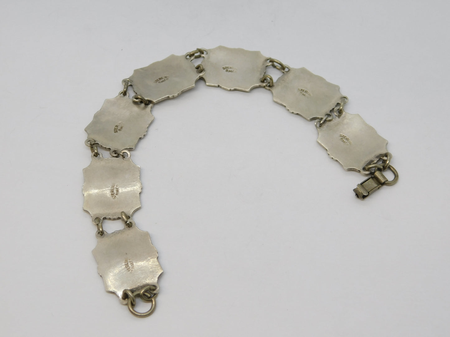 Sterling Silver Guilloche Enamel Floral Sweetheart Bracelet Antique c1920 Deco