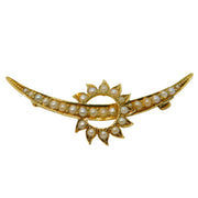 Victorian 15ct Gold & Seed Pearl Sunburst & Crescent Brooch Antique c1900
