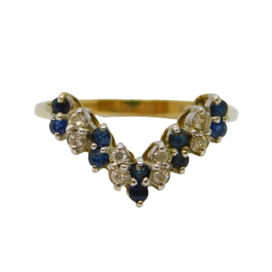 9ct Yellow Gold, Sapphire & Diamond Wishbone Ring Vintage 1988 London