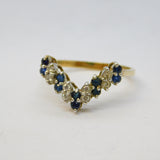 9ct Yellow Gold, Sapphire & Diamond Wishbone Ring Vintage 1988 London