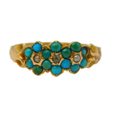 Victorian 18ct Gold, Turquoise, Diamond & Seed Pearl Triple Flower Ring Antique