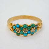 Victorian 18ct Gold, Turquoise, Diamond & Seed Pearl Triple Flower Ring Antique