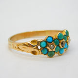 Victorian 18ct Gold, Turquoise, Diamond & Seed Pearl Triple Flower Ring Antique
