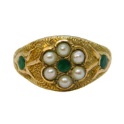 Victorian 9ct Gold, Emerald & Seed Pearl Floral Dress Ring Antique c1840s