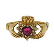 9ct Yellow Gold, Garnet & Spinel Irish Claddagh Ring Vintage c1970 Birmingham