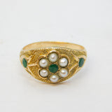 Victorian 9ct Gold, Emerald & Seed Pearl Floral Dress Ring Antique c1840s