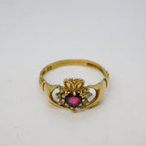9ct Yellow Gold, Garnet & Spinel Irish Claddagh Ring Vintage c1970 Birmingham
