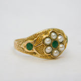 Victorian 9ct Gold, Emerald & Seed Pearl Floral Dress Ring Antique c1840s