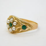 Victorian 9ct Gold, Emerald & Seed Pearl Floral Dress Ring Antique c1840s