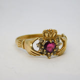 9ct Yellow Gold, Garnet & Spinel Irish Claddagh Ring Vintage c1970 Birmingham