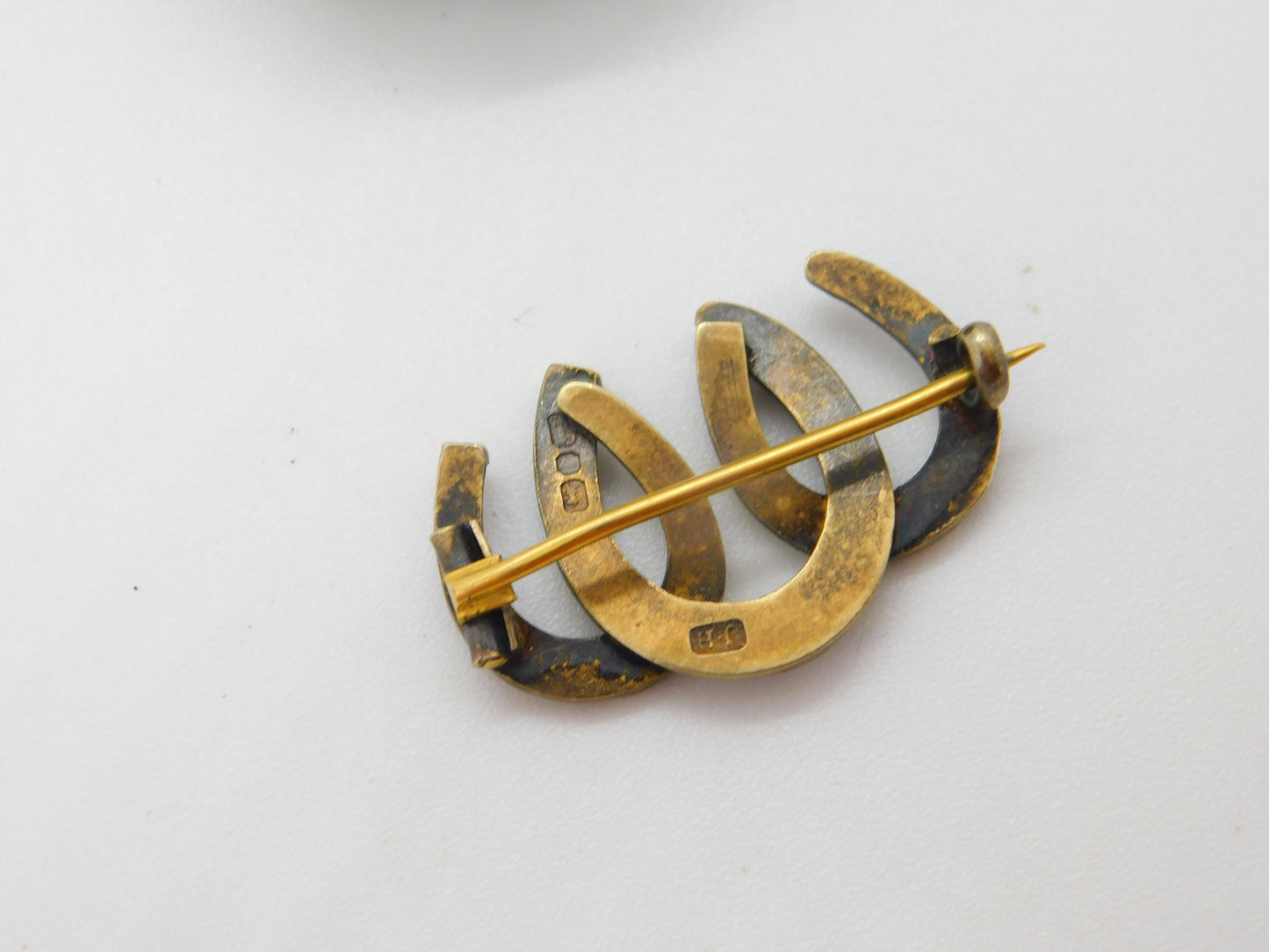 Victorian Gold on Sterling Silver Three Horseshoes Sweetheart Brooch Antique