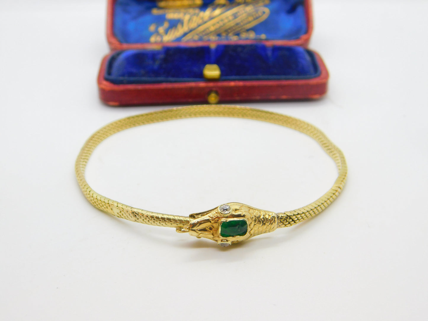 Victorian Yellow Gold Snake Serpent Bracelet Emerald & Diamond Set c1880 Antique