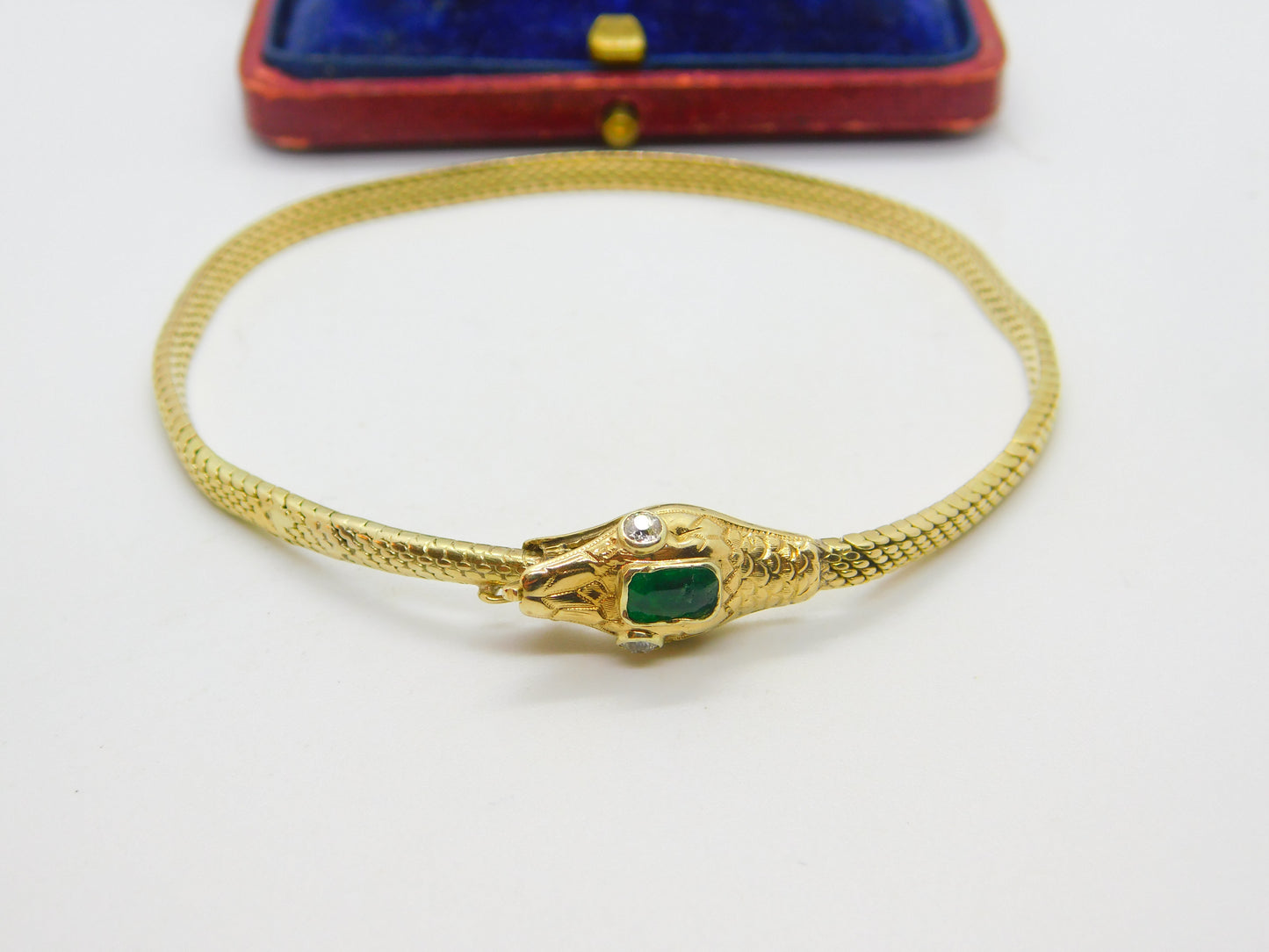 Victorian Yellow Gold Snake Serpent Bracelet Emerald & Diamond Set c1880 Antique