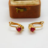 10ct Yellow Gold Ruby Paste Set Clip Earrings Vintage c1990