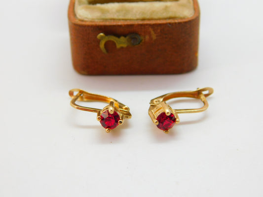 10ct Yellow Gold Ruby Paste Set Clip Earrings Vintage c1990