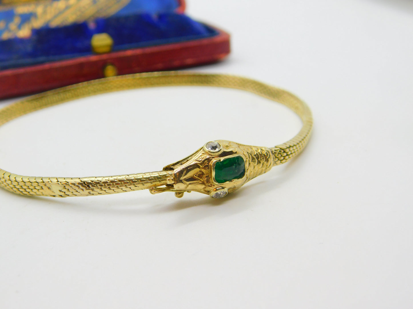 Victorian Yellow Gold Snake Serpent Bracelet Emerald & Diamond Set c1880 Antique