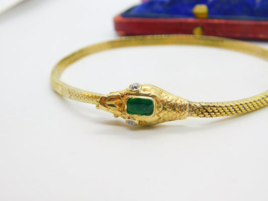 Victorian Yellow Gold Snake Serpent Bracelet Emerald & Diamond Set c1880 Antique
