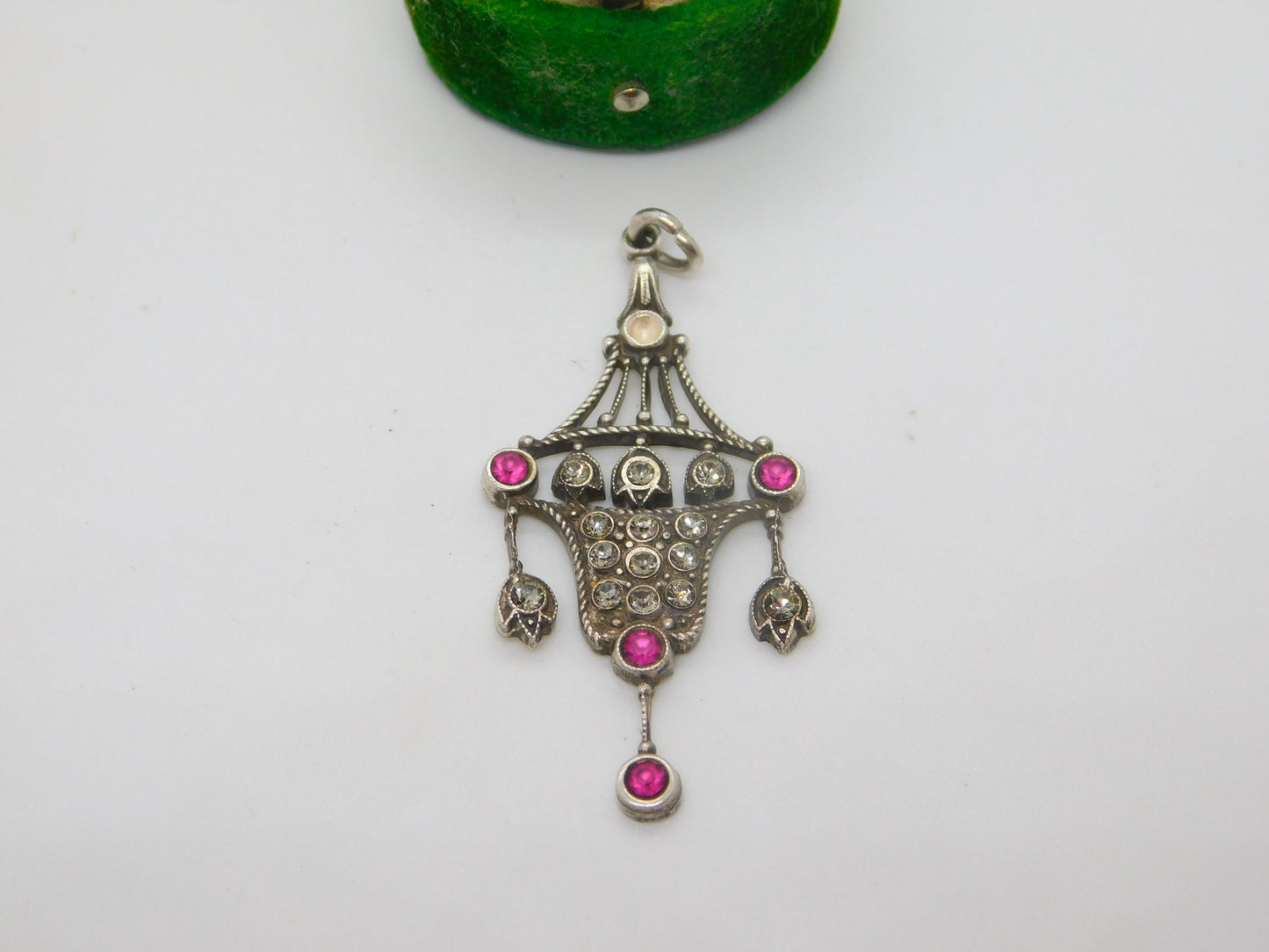 Edwardian Sterling Silver Pink & White Paste Lavalier Drop Pendant Antique c1910