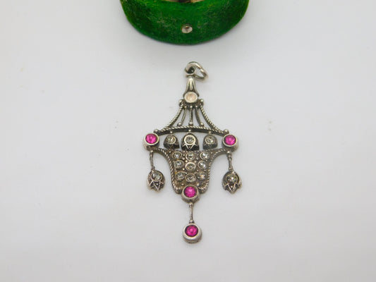 Edwardian Sterling Silver Pink & White Paste Lavalier Drop Pendant Antique c1910