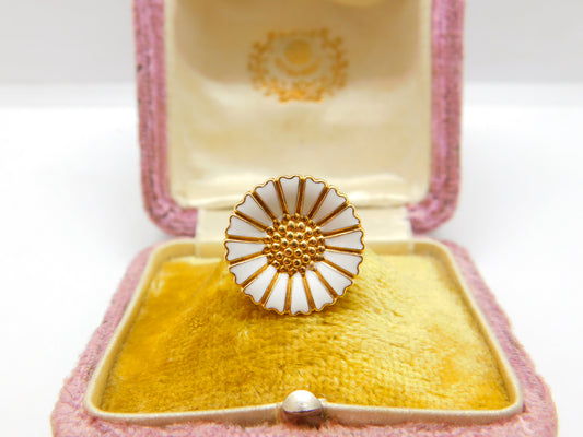 Danish Sterling Silver Gilt & White Enamel Daisy Flower Band Ring Mid-Century