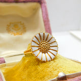 Danish Sterling Silver Gilt & White Enamel Daisy Flower Band Ring Mid-Century