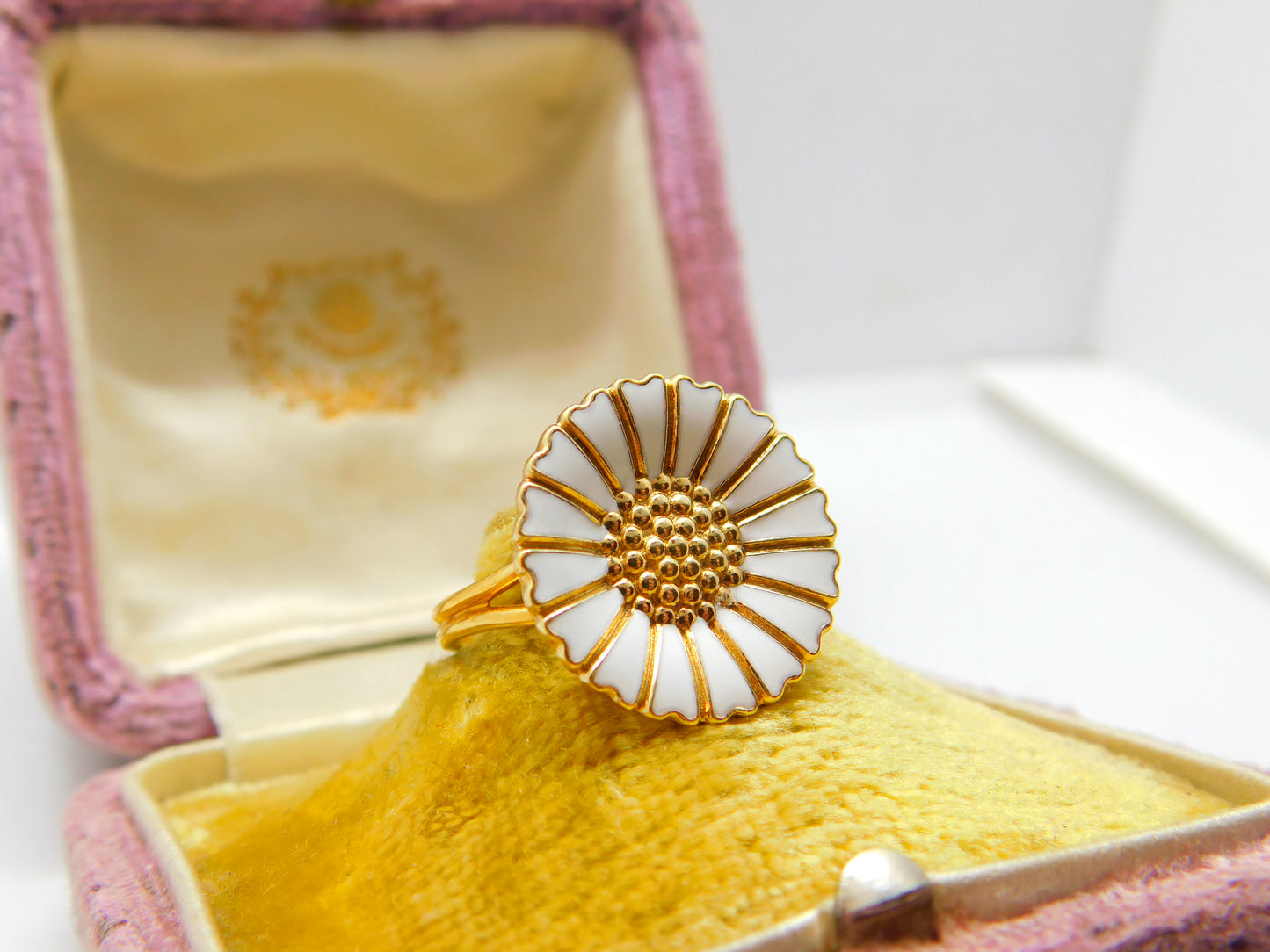 Danish Sterling Silver Gilt & White Enamel Daisy Flower Band Ring Mid-Century