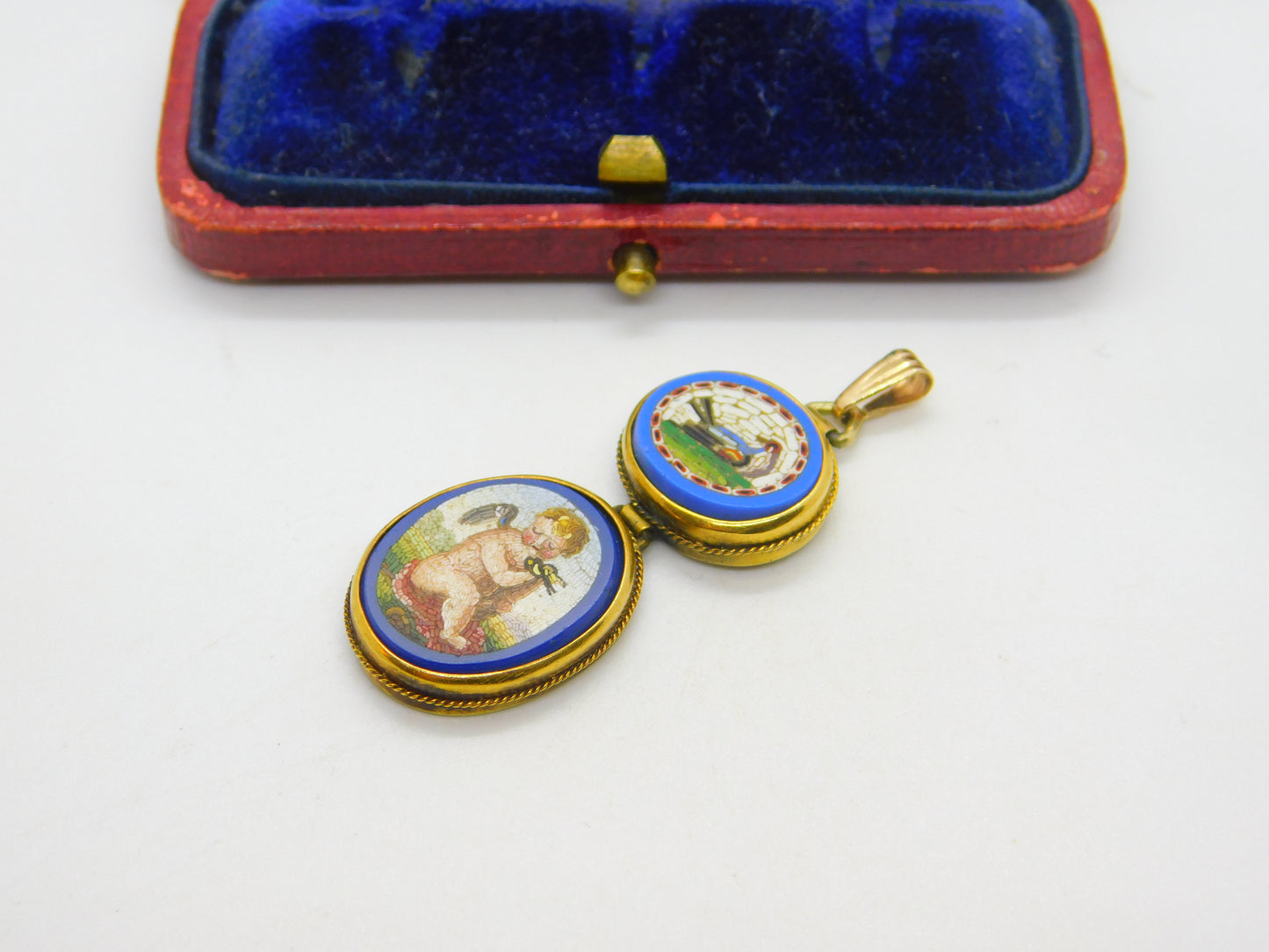 Georgian Grand Tour Yellow Gold Dove & Cherub Micro Mosaic Drop Pendant c1830