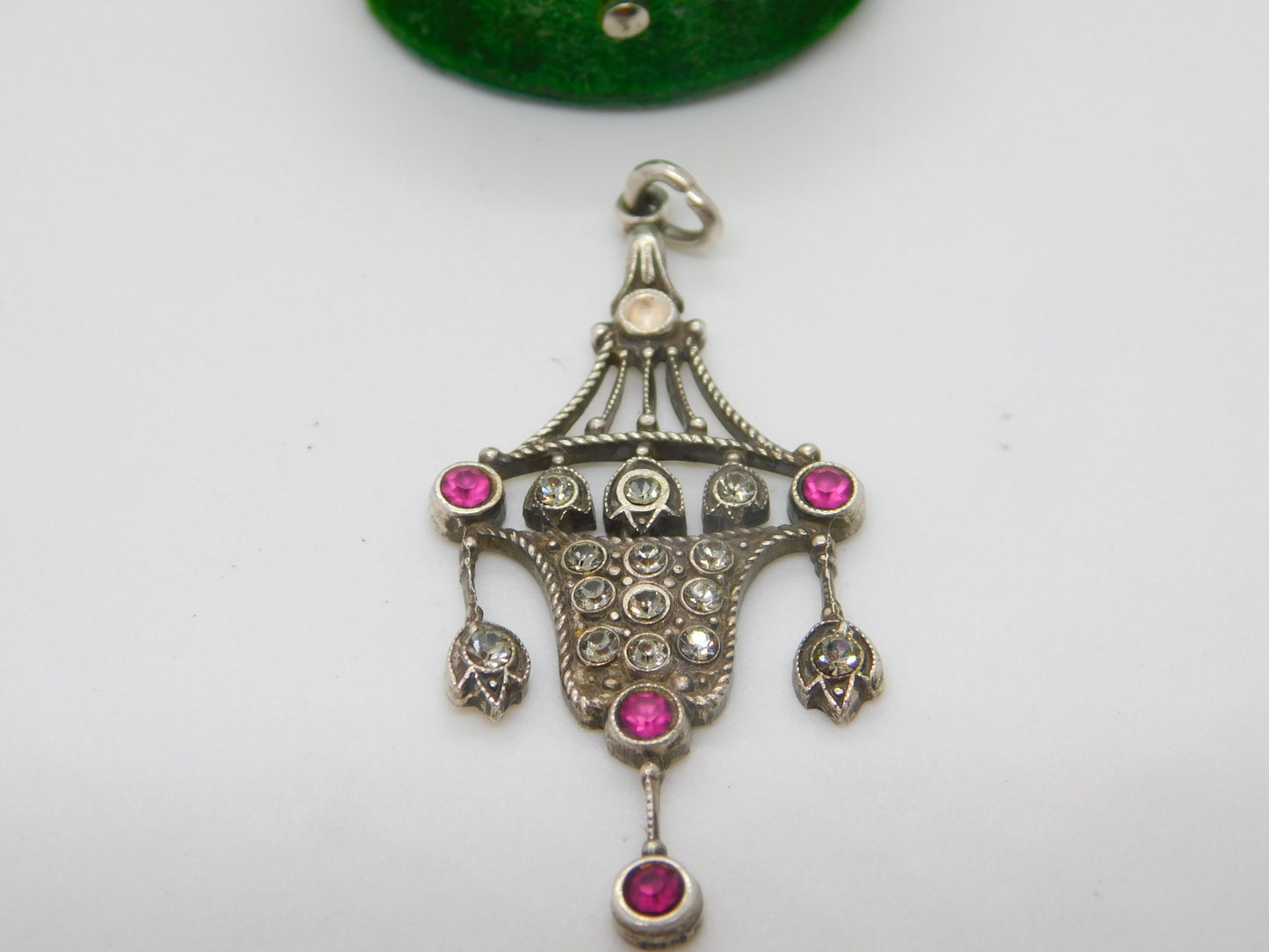 Edwardian Sterling Silver Pink & White Paste Lavalier Drop Pendant Antique c1910