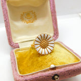 Danish Sterling Silver Gilt & White Enamel Daisy Flower Band Ring Mid-Century