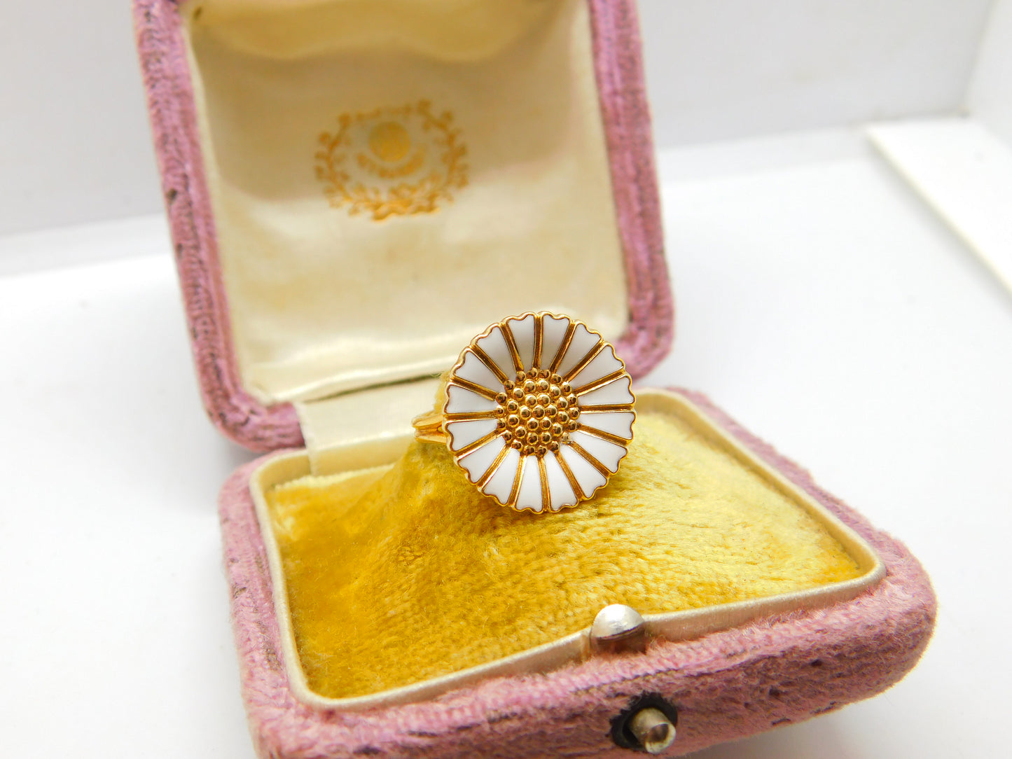 Danish Sterling Silver Gilt & White Enamel Daisy Flower Band Ring Mid-Century