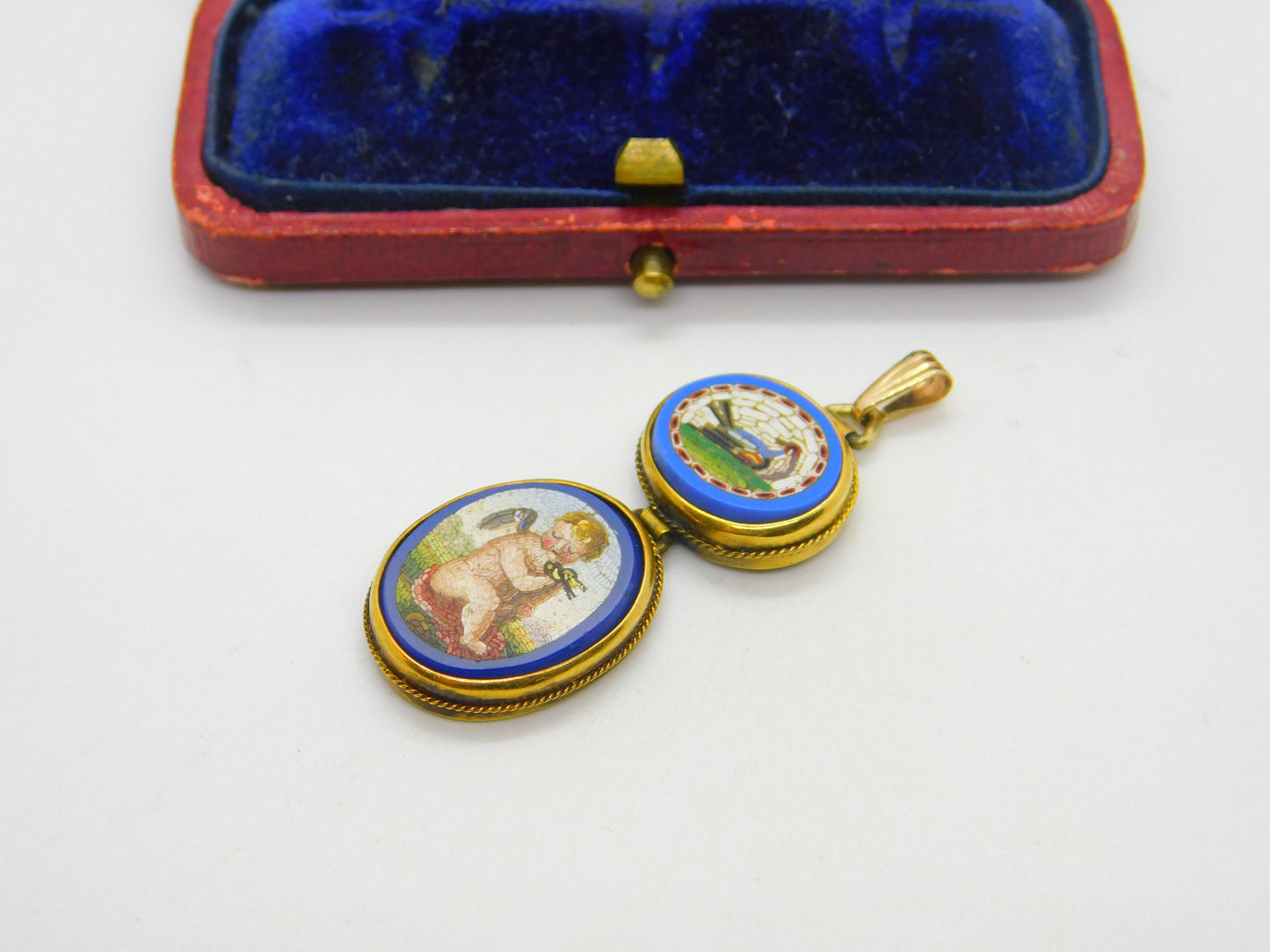 Georgian Grand Tour Yellow Gold Dove & Cherub Micro Mosaic Drop Pendant c1830