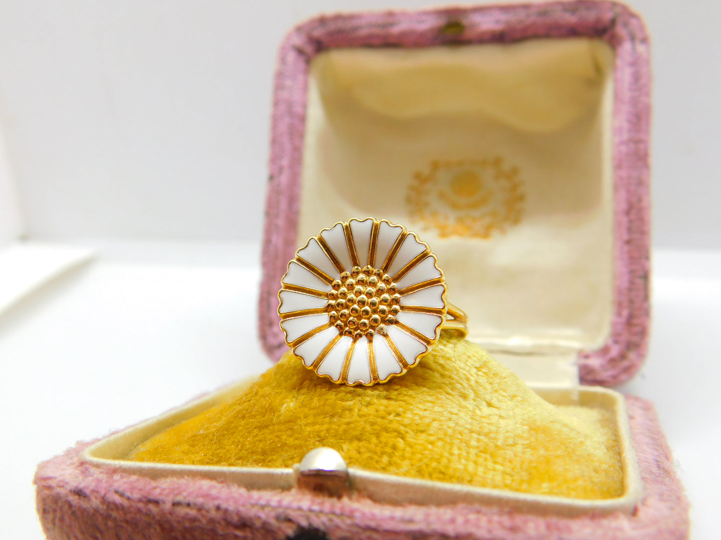 Danish Sterling Silver Gilt & White Enamel Daisy Flower Band Ring Mid-Century