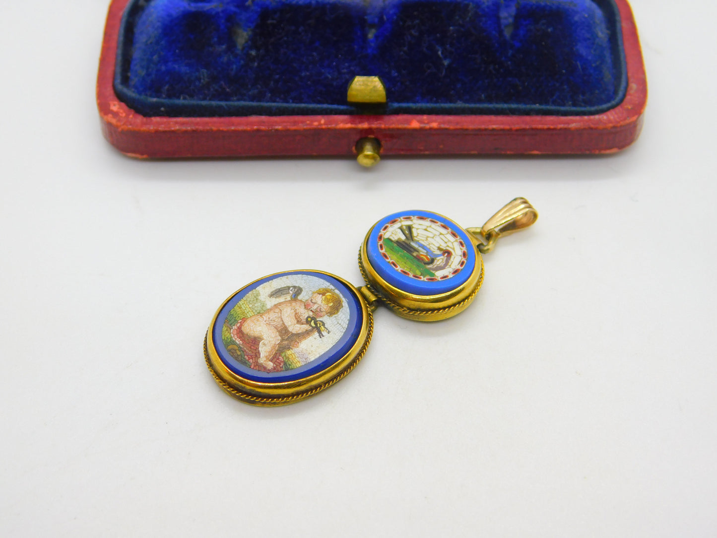 Georgian Grand Tour Yellow Gold Dove & Cherub Micro Mosaic Drop Pendant c1830