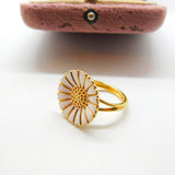 Danish Sterling Silver Gilt & White Enamel Daisy Flower Band Ring Mid-Century