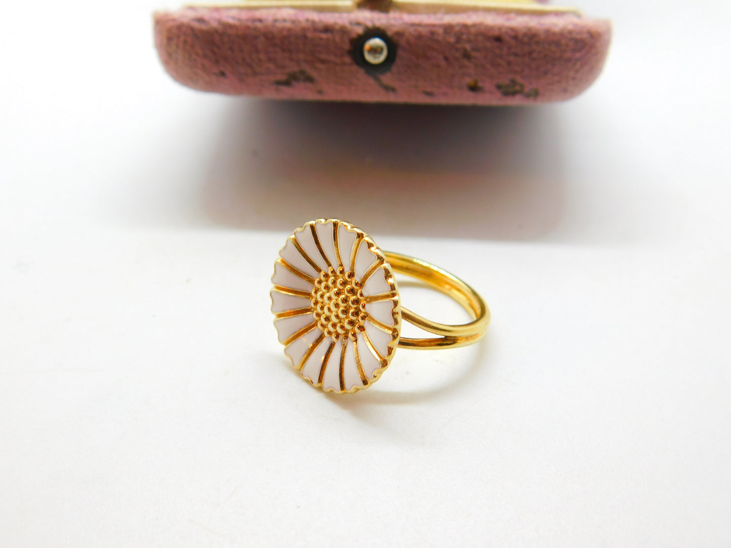 Danish Sterling Silver Gilt & White Enamel Daisy Flower Band Ring Mid-Century