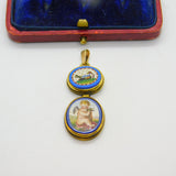Georgian Grand Tour Yellow Gold Dove & Cherub Micro Mosaic Drop Pendant c1830