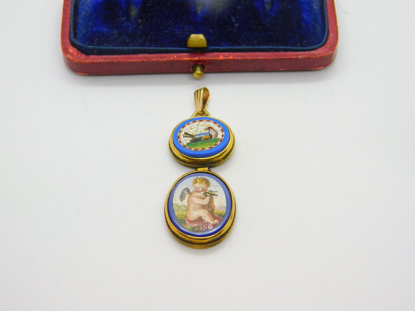 Georgian Grand Tour Yellow Gold Dove & Cherub Micro Mosaic Drop Pendant c1830