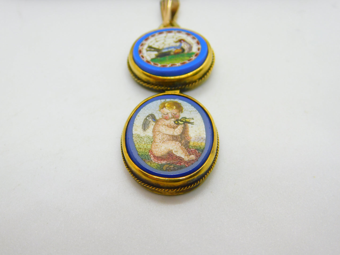 Georgian Grand Tour Yellow Gold Dove & Cherub Micro Mosaic Drop Pendant c1830