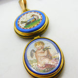 Georgian Grand Tour Yellow Gold Dove & Cherub Micro Mosaic Drop Pendant c1830