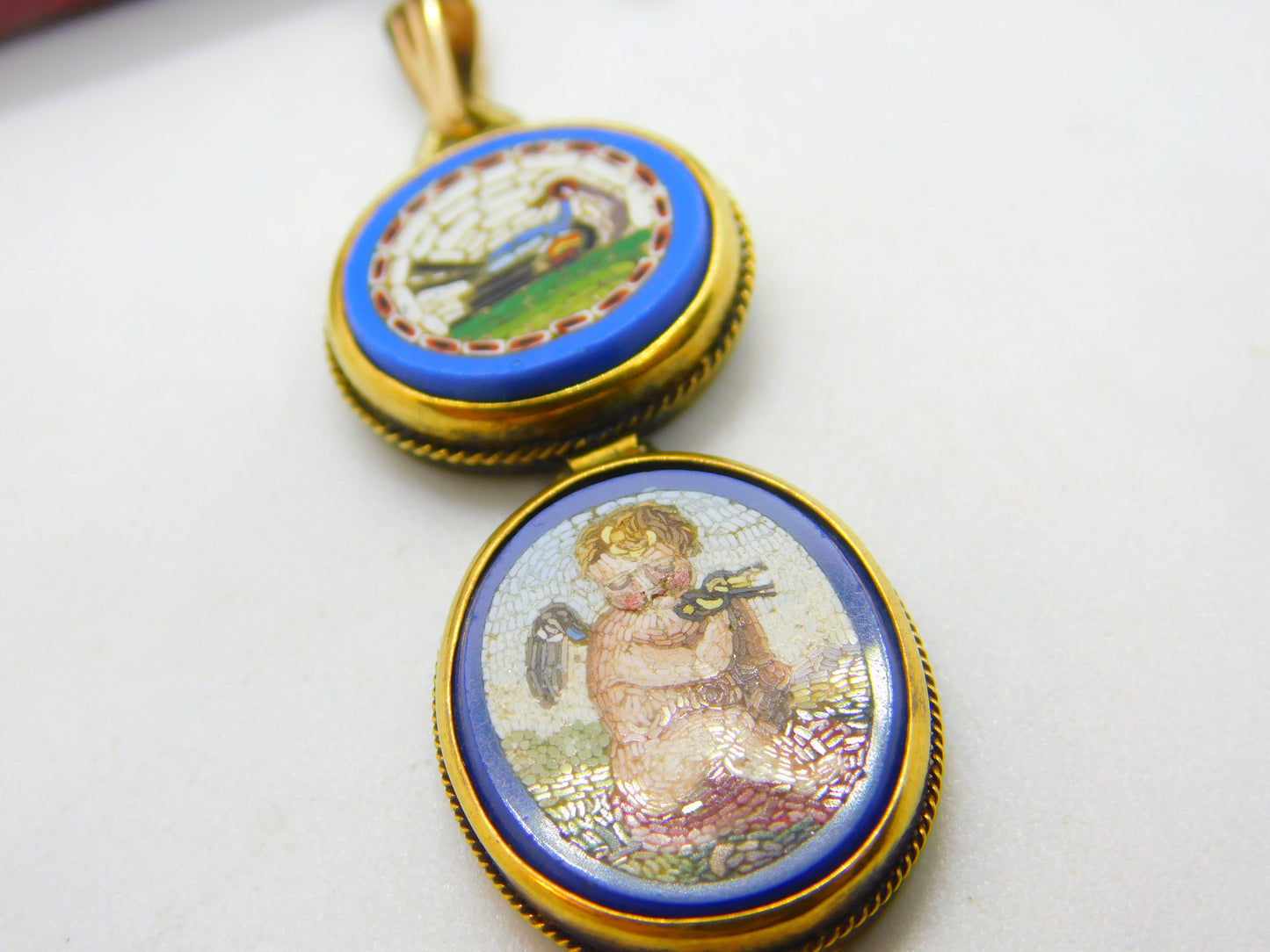 Georgian Grand Tour Yellow Gold Dove & Cherub Micro Mosaic Drop Pendant c1830