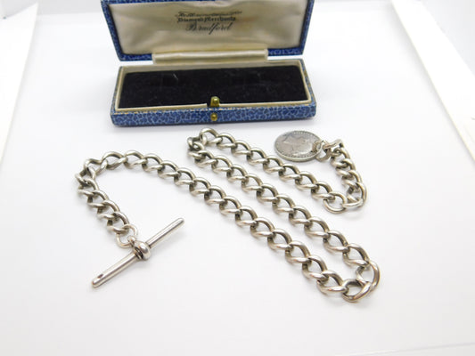 Victorian Sterling Silver Albert Watch Chain with Sixpence Fob Antique 1897