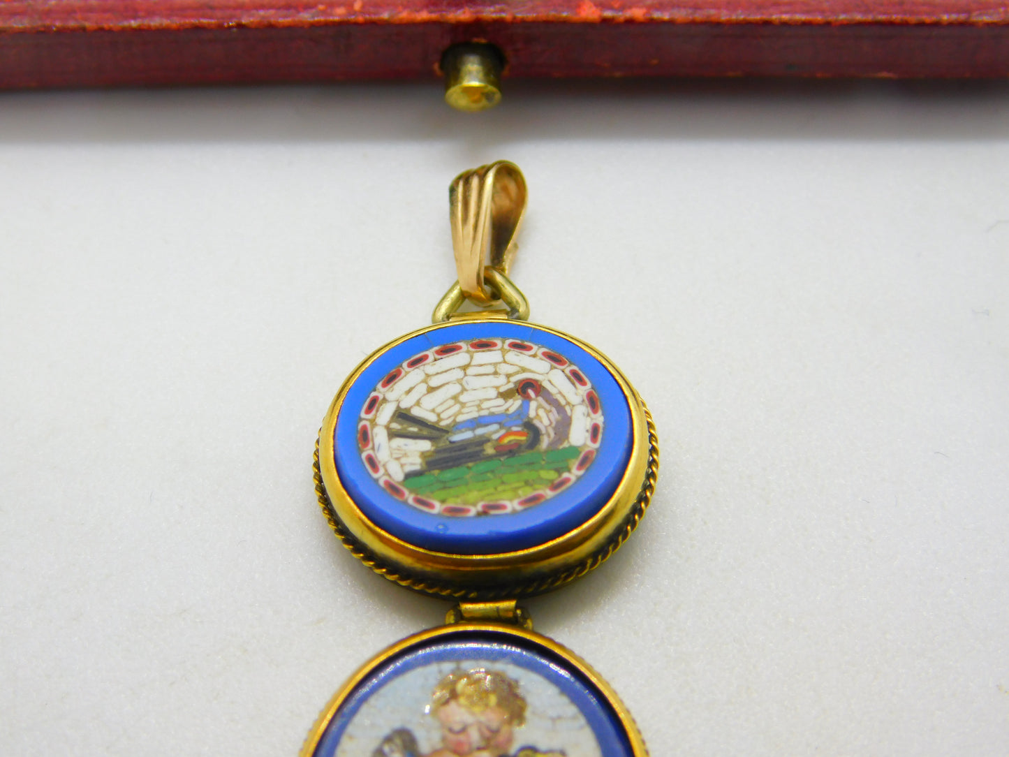 Georgian Grand Tour Yellow Gold Dove & Cherub Micro Mosaic Drop Pendant c1830