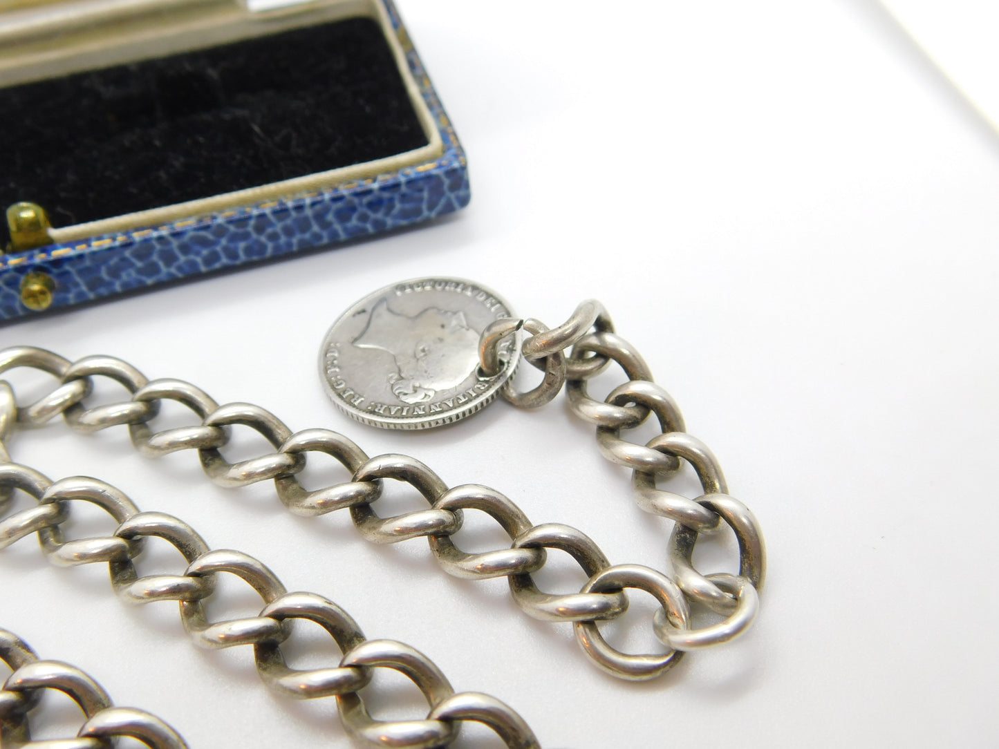 Victorian Sterling Silver Albert Watch Chain with Sixpence Fob Antique 1897