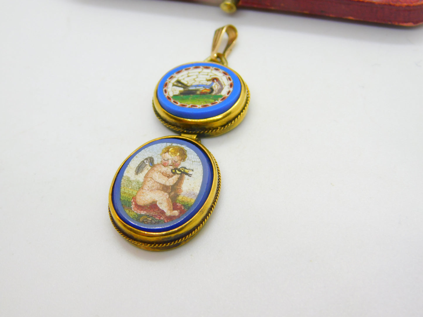 Georgian Grand Tour Yellow Gold Dove & Cherub Micro Mosaic Drop Pendant c1830